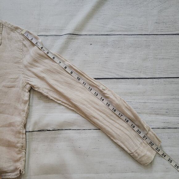 Tahari Size S	100% Linen Light Tan Long Sleeve Crop Button Up Top Collared - Picture 6 of 8